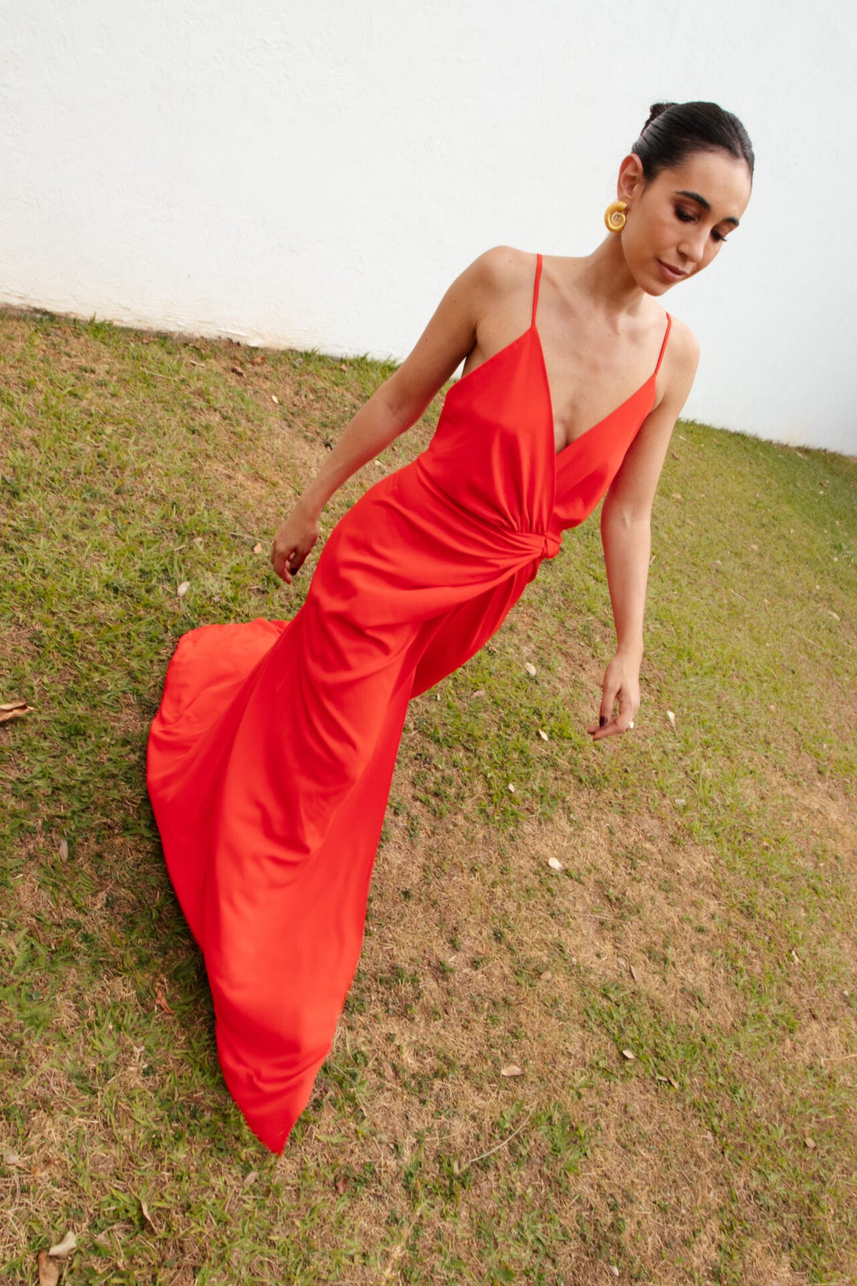 Vestido Drapeado Frente Única Com Fenda Pri – Laranja