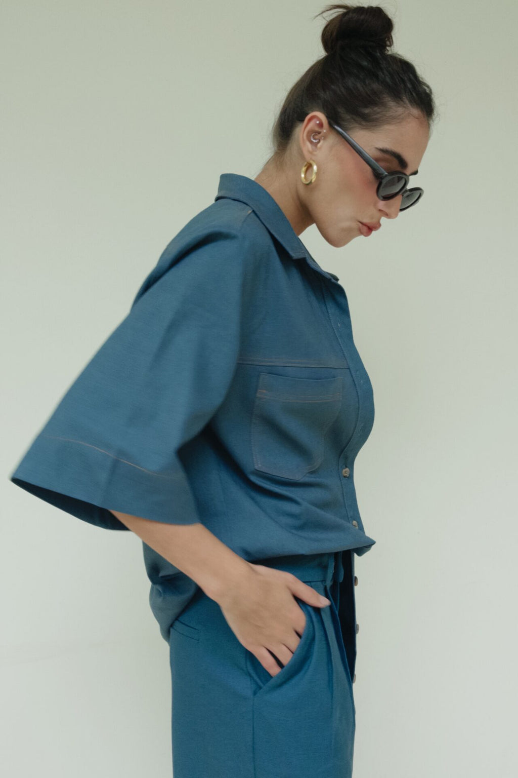Camisa De Linho Pespontada Lina - Azul Jeans