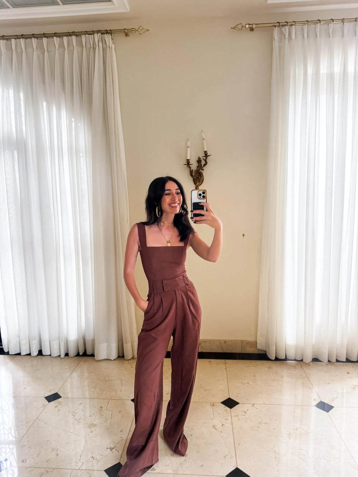 Blusa De Linho Decote Quadrado E Alças Largas Marquesa - Marrom