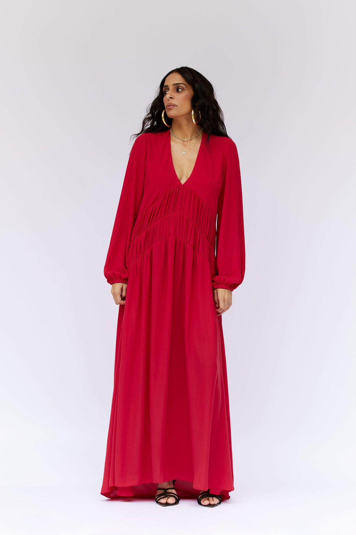 Vestido Decote V Mangas Longas Zoe - Vermelho