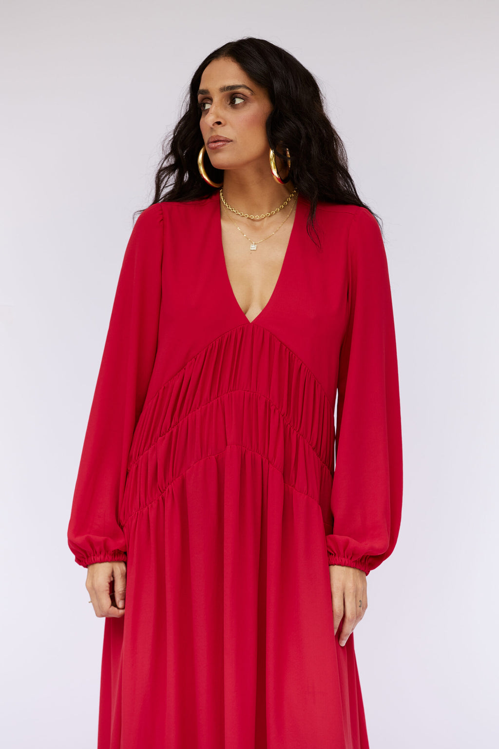 Vestido Decote V Mangas Longas Zoe - Vermelho
