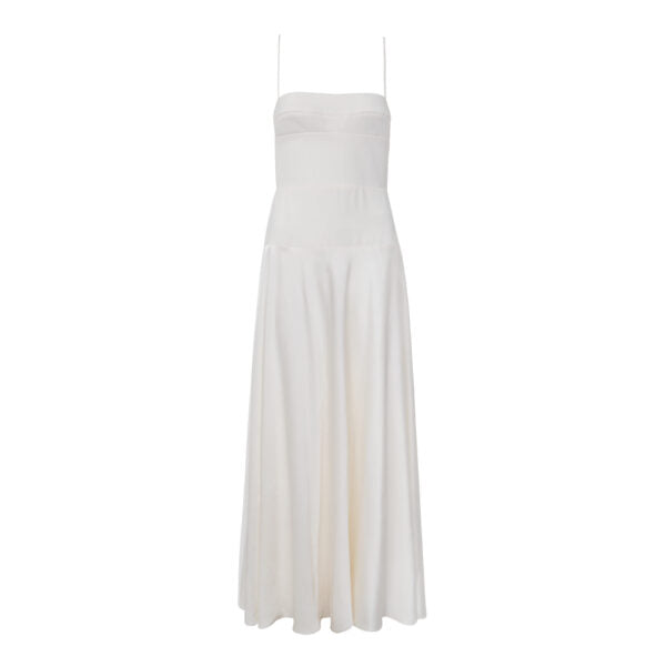 Vestido Longo Com Saia Acetinada e Alças Finas Amália - Off White