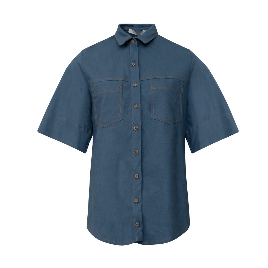Camisa De Linho Pespontada Lina - Azul Jeans
