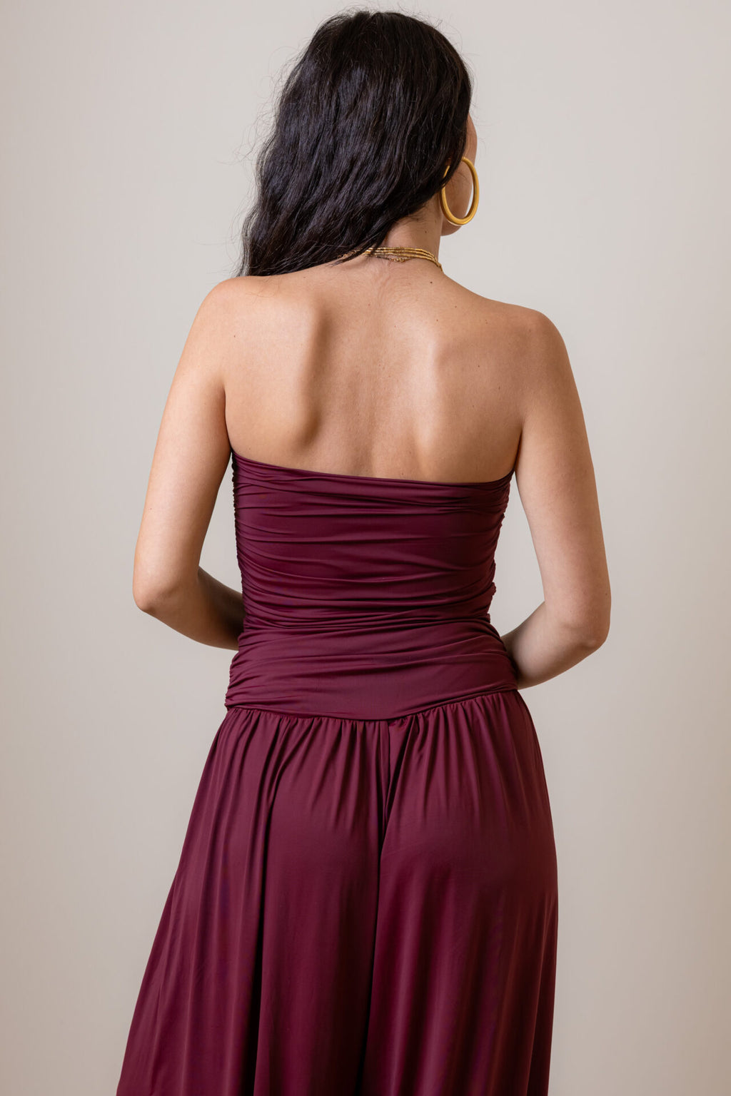 Body Sem Alças de Malha Fria Drapeado Catarina - Vinho