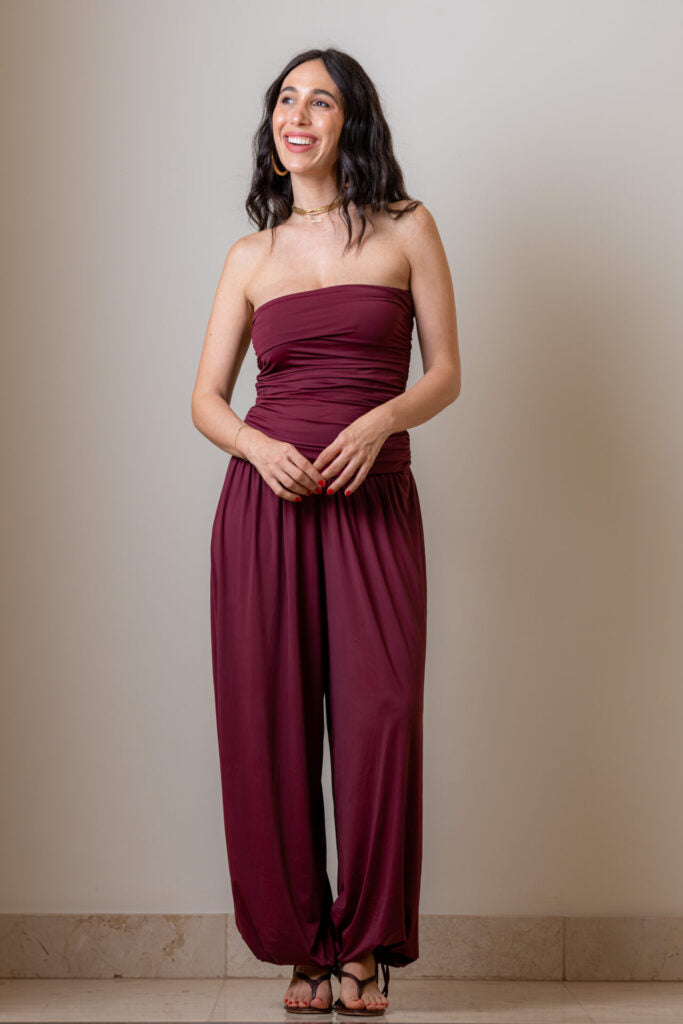 Calça Aladim de Malha Com Pala Drapeada Aghata – Vinho