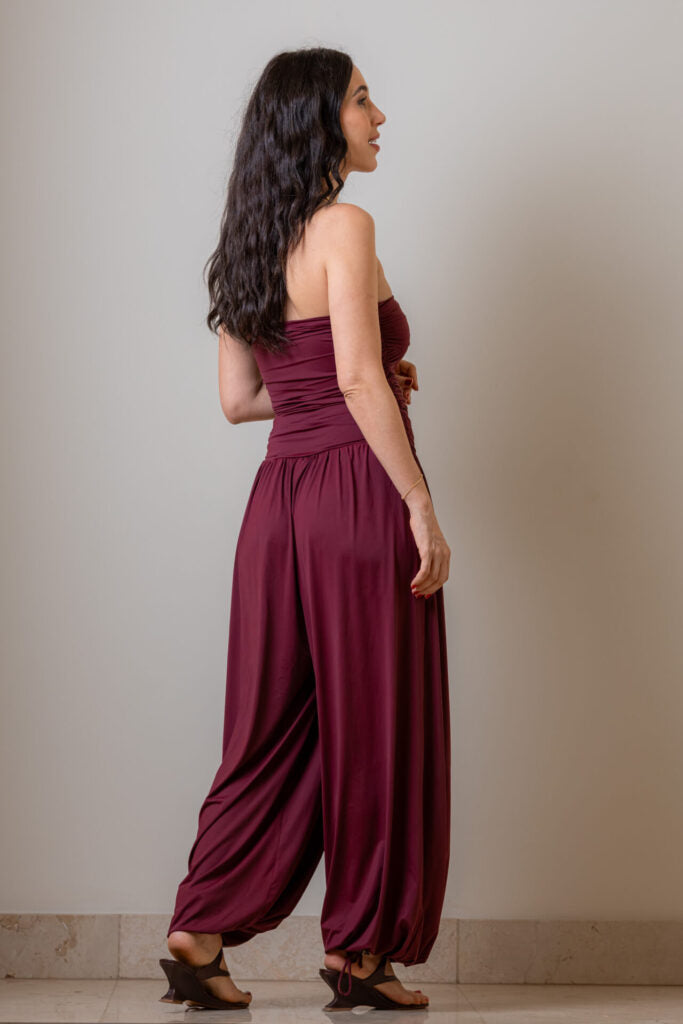 Calça Aladim de Malha Com Pala Drapeada Aghata – Vinho