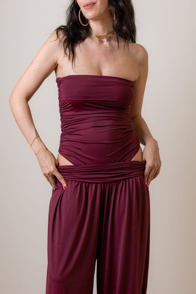 Calça Aladim de Malha Com Pala Drapeada Aghata – Vinho