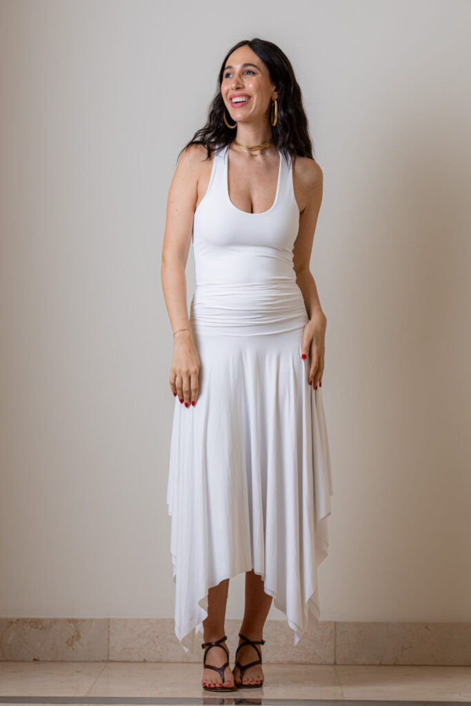 Saia Midi Assimétrica de Malha Fria com Pala Drapeada Martina - Off White