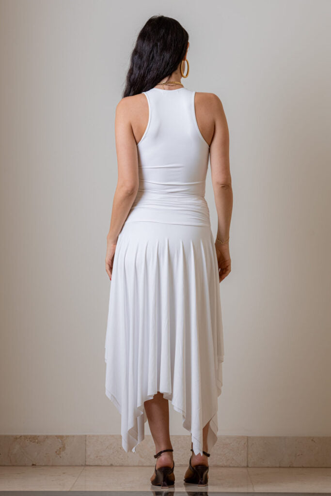 Saia Midi Assimétrica de Malha Fria com Pala Drapeada Martina - Off White