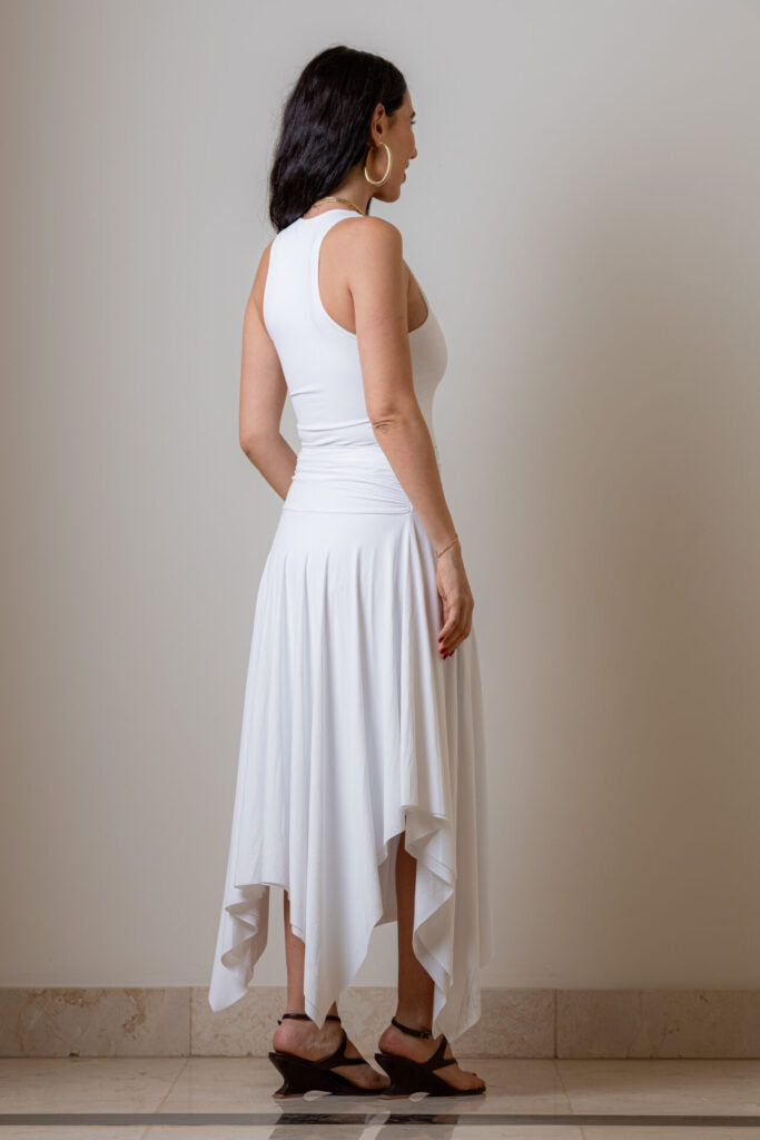 Saia Midi Assimétrica de Malha Fria com Pala Drapeada Martina - Off White