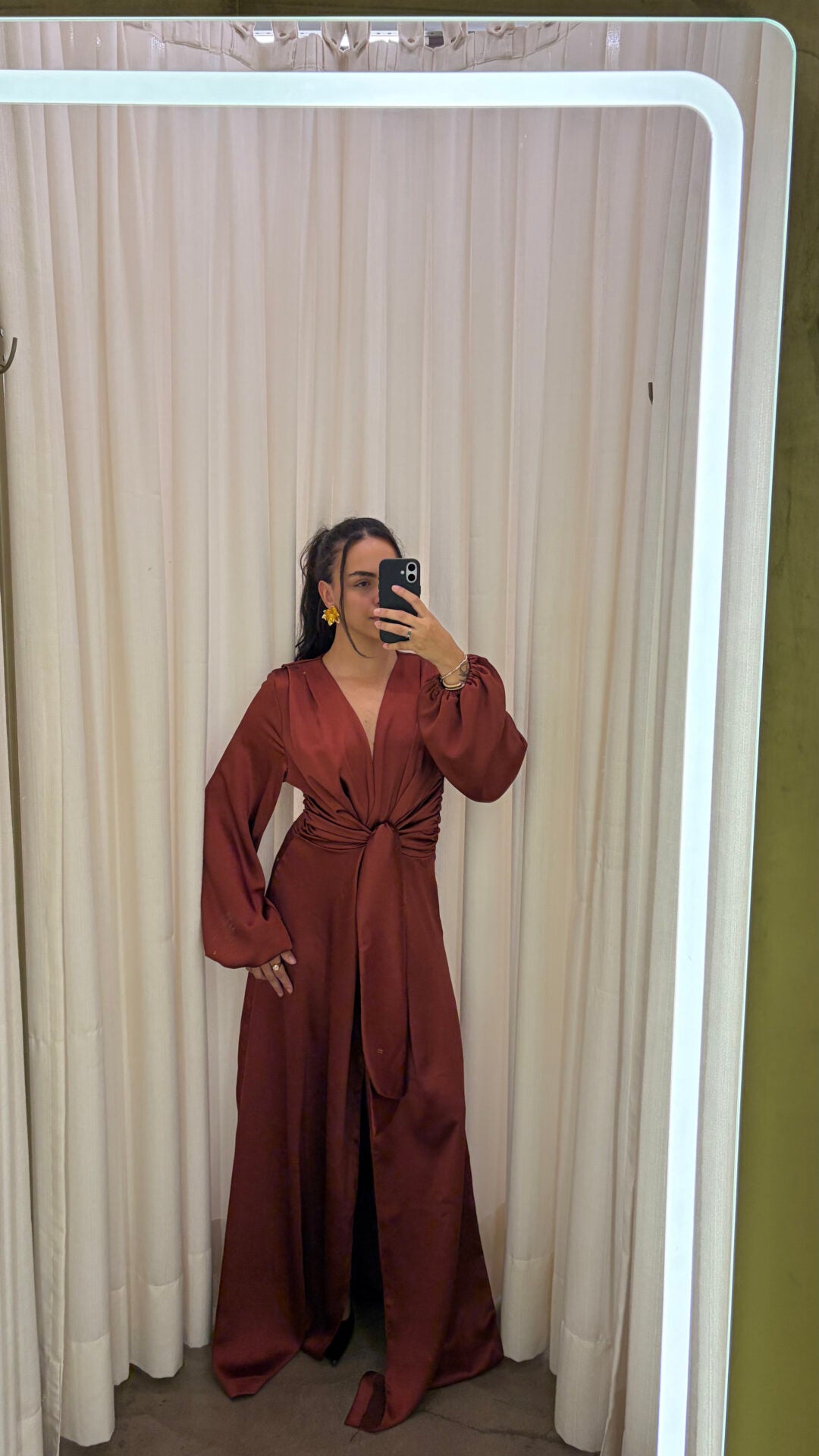 Vestido Longo De Mangas Longas Com Fenda e Amarração Estilo Quimono Marieta - Terracota