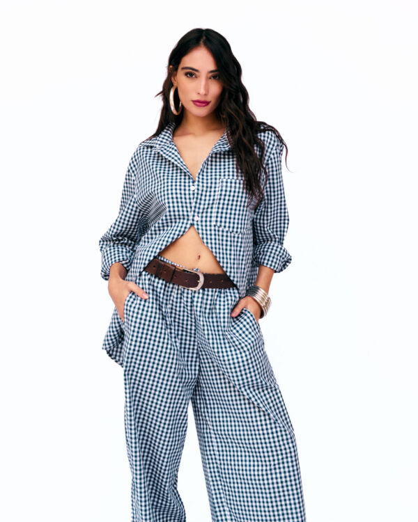 Calça Pantalona Xadrez Bianca - Azul