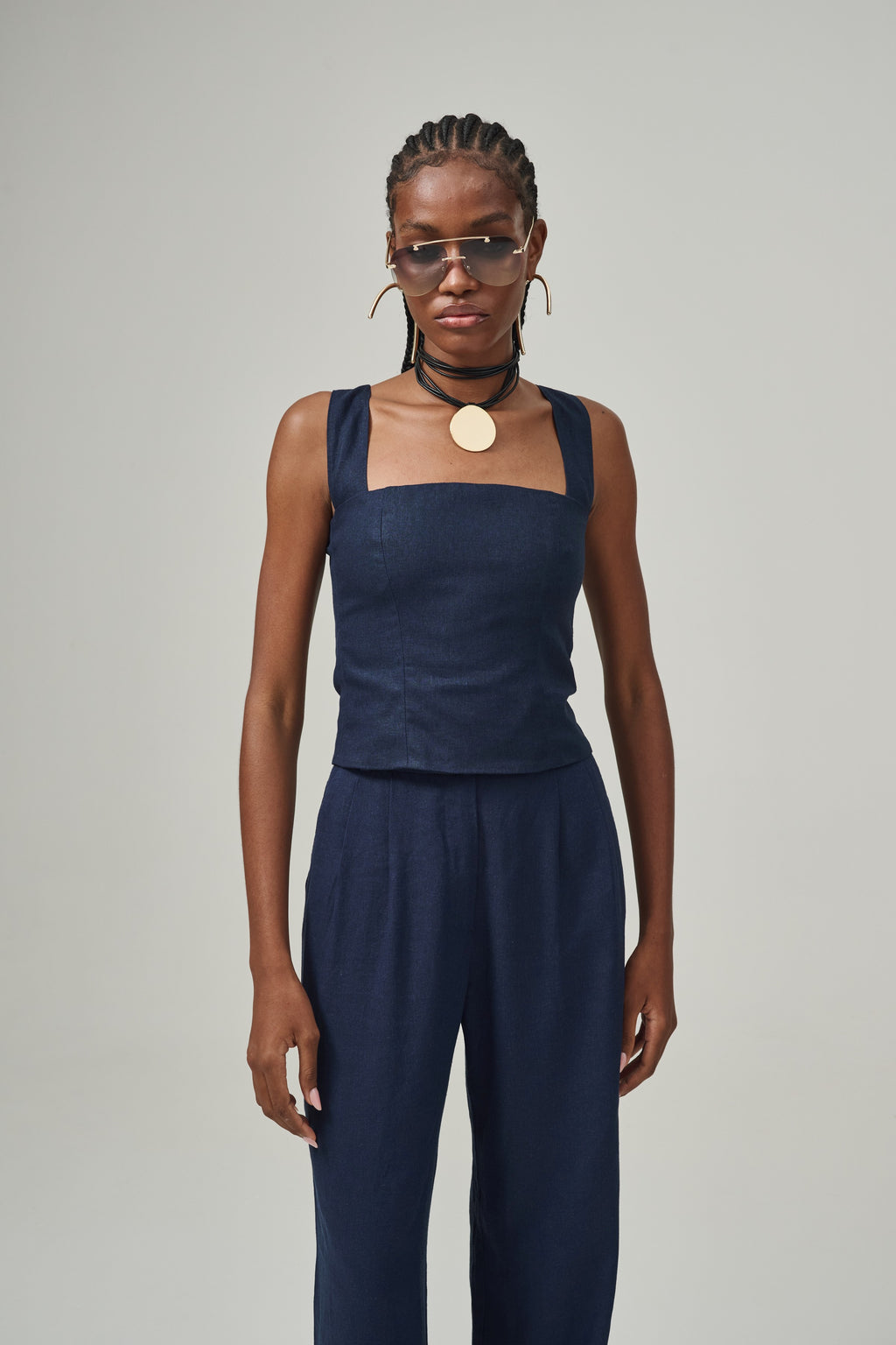 Blusa De Linho Decote Quadrado E Alças Largas Marquesa - Marinho