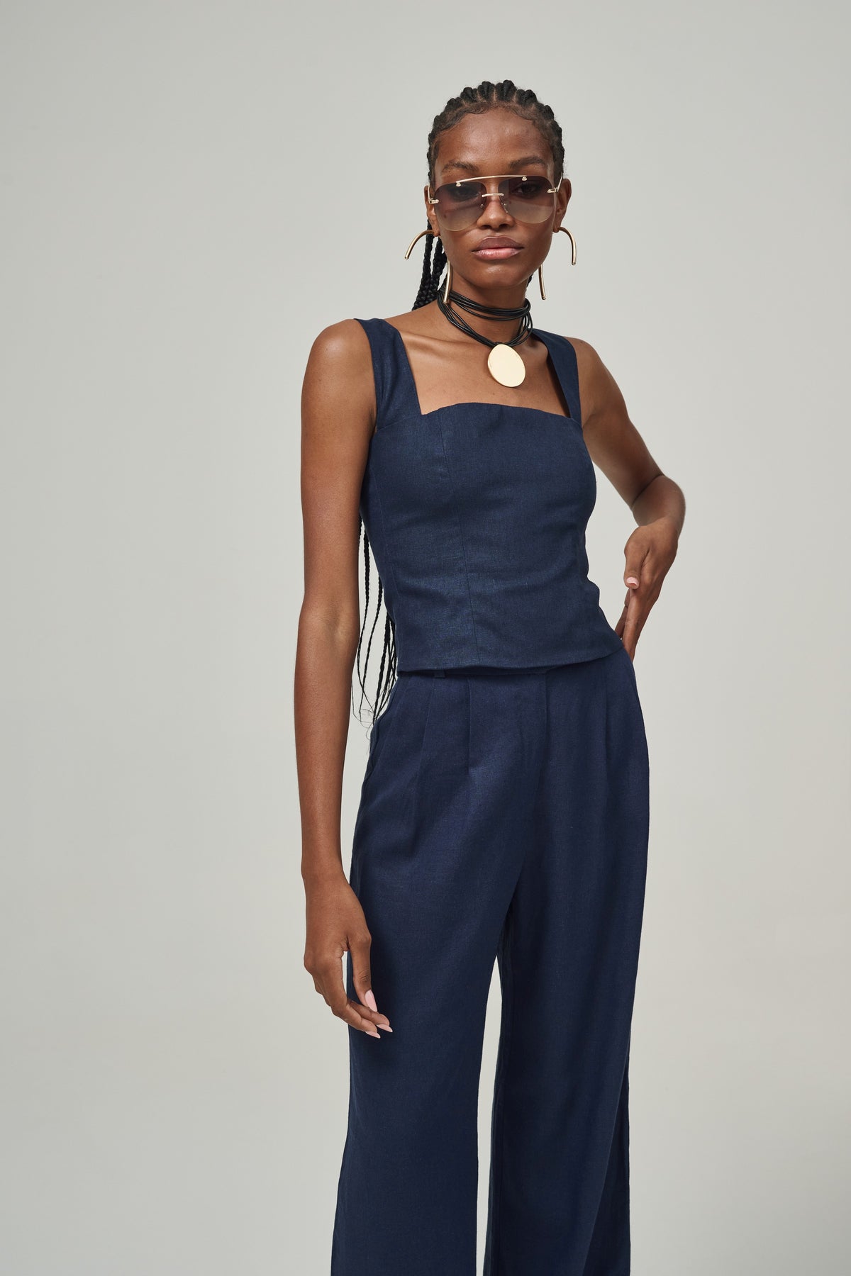 Blusa De Linho Decote Quadrado E Alças Largas Marquesa - Marinho