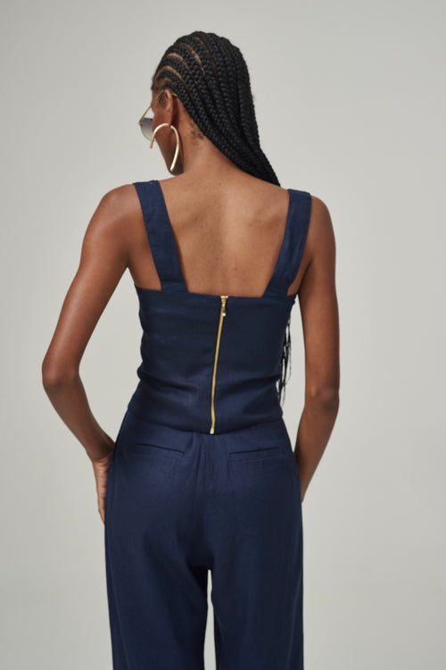 Blusa De Linho Decote Quadrado E Alças Largas Marquesa - Marinho
