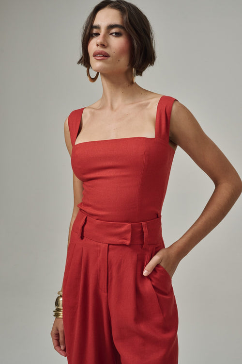 Blusa De Linho Decote Quadrado E Alças Largas Marquesa - Terra