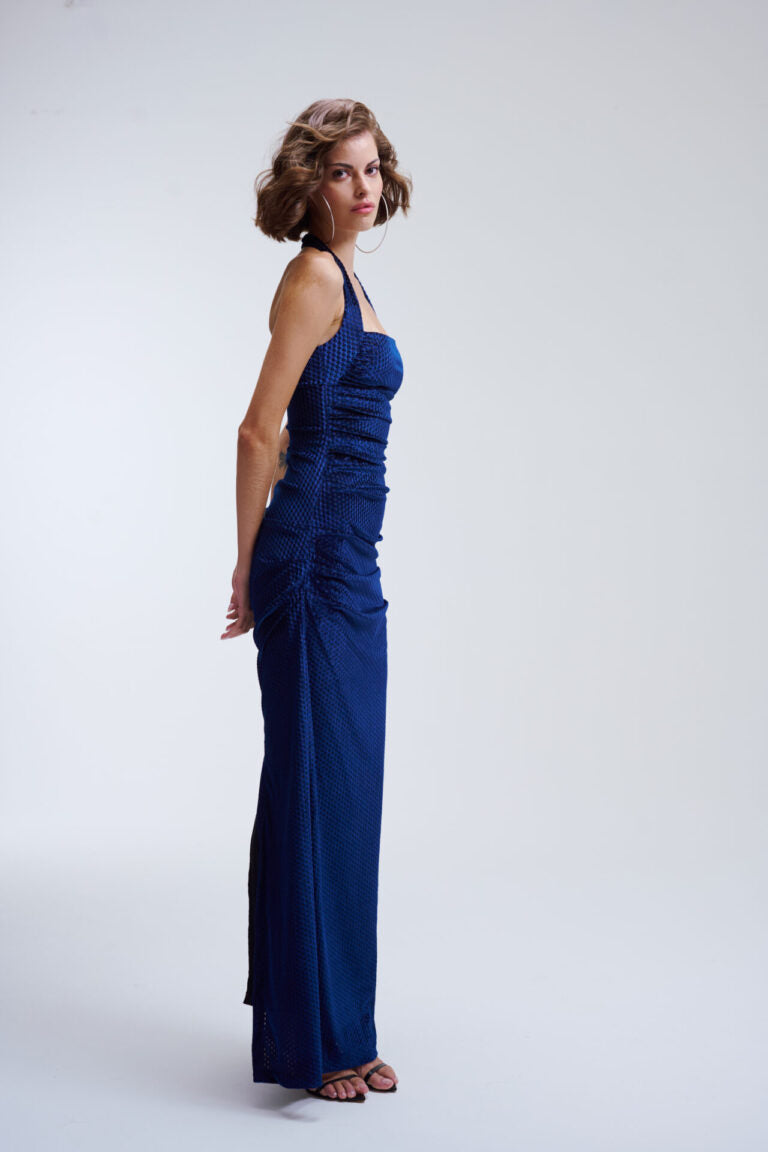 Vestido Longo De Veludo Drapeado Dora - Marinho