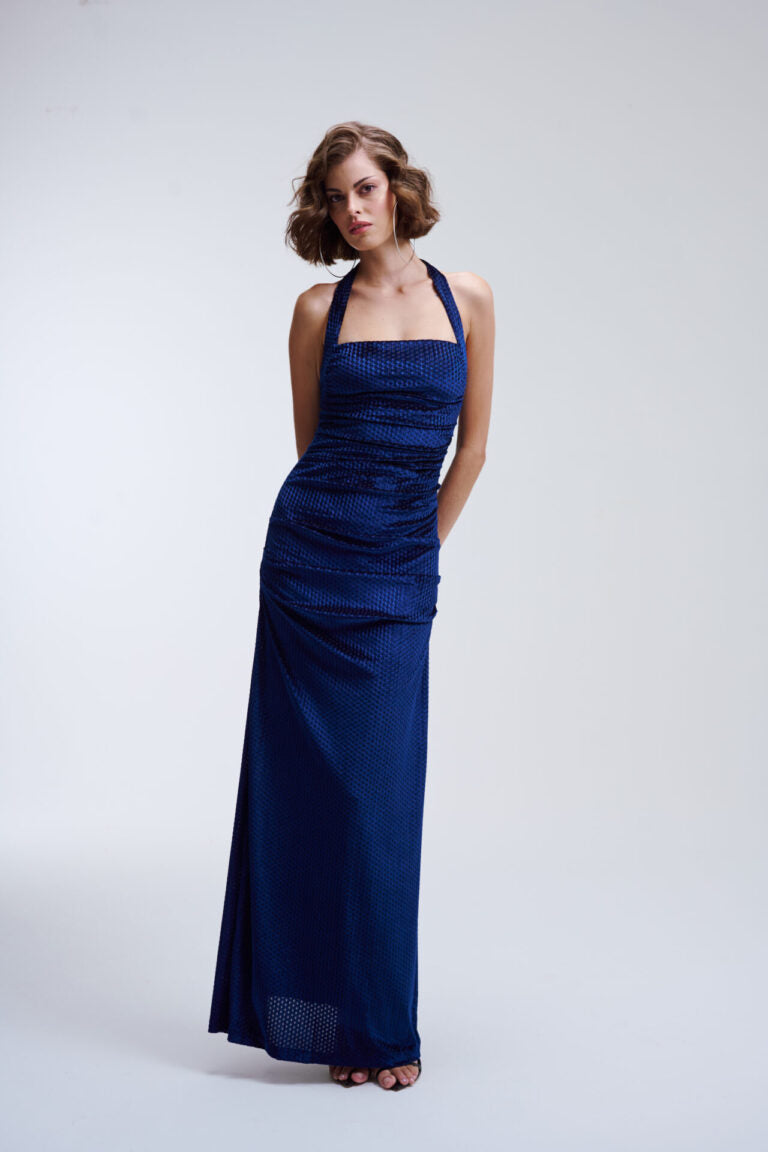 Vestido Longo De Veludo Drapeado Dora - Marinho