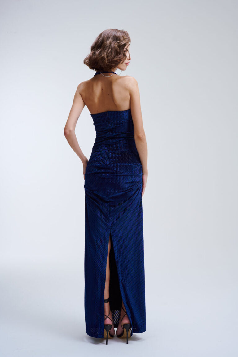 Vestido Longo De Veludo Drapeado Dora - Marinho