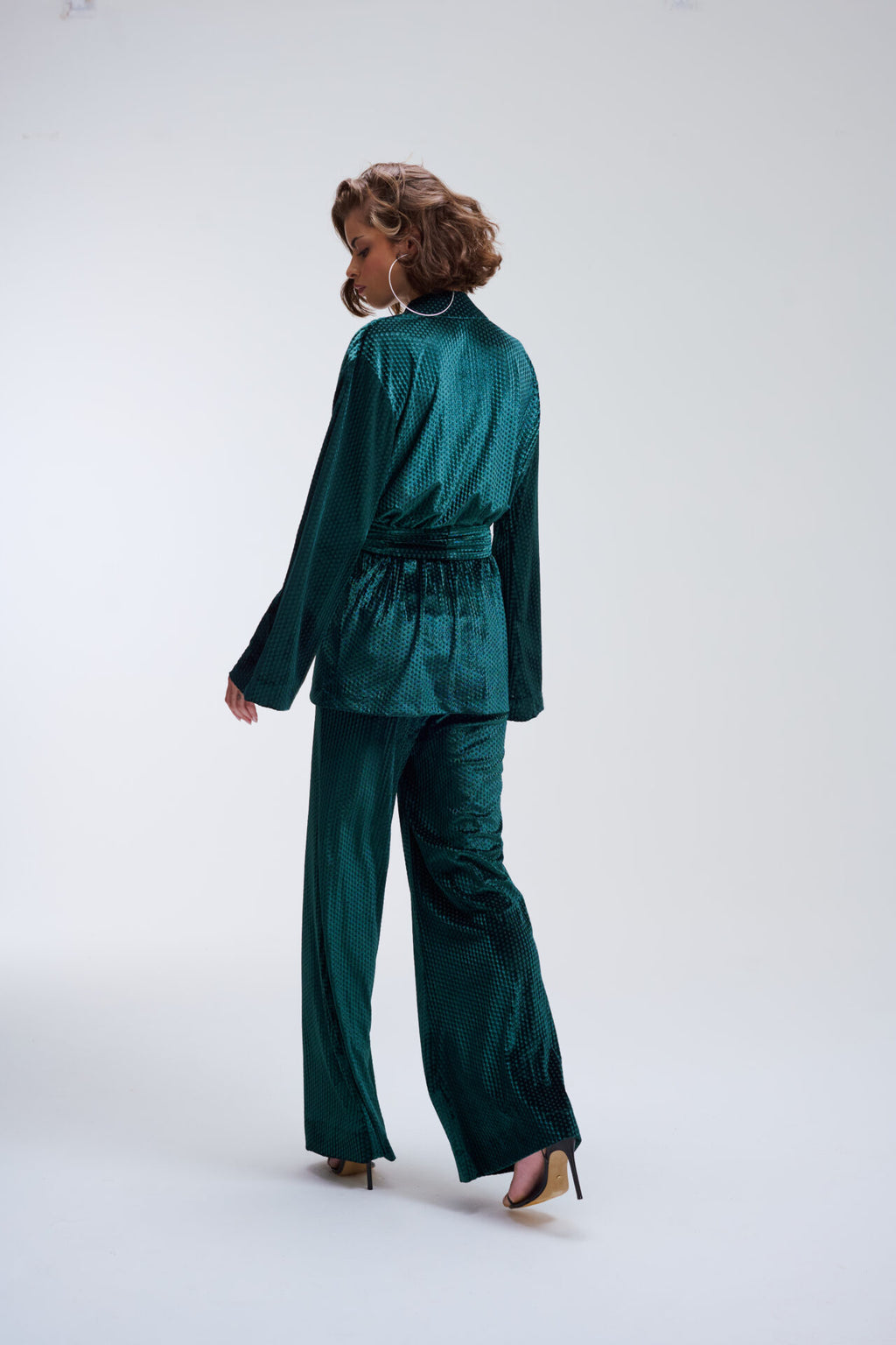 Conjunto Quimono e Calça Pantalona de Veludo Benedita - Verde Esmeralda