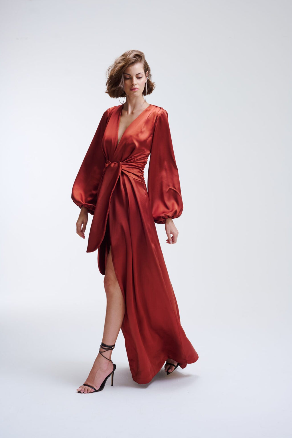 Vestido Longo De Mangas Longas Com Fenda e Amarração Estilo Quimono Marieta - Terracota
