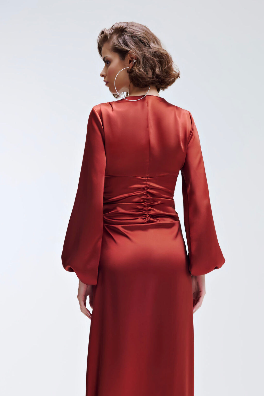 Vestido Longo De Mangas Longas Com Fenda e Amarração Estilo Quimono Marieta - Terracota