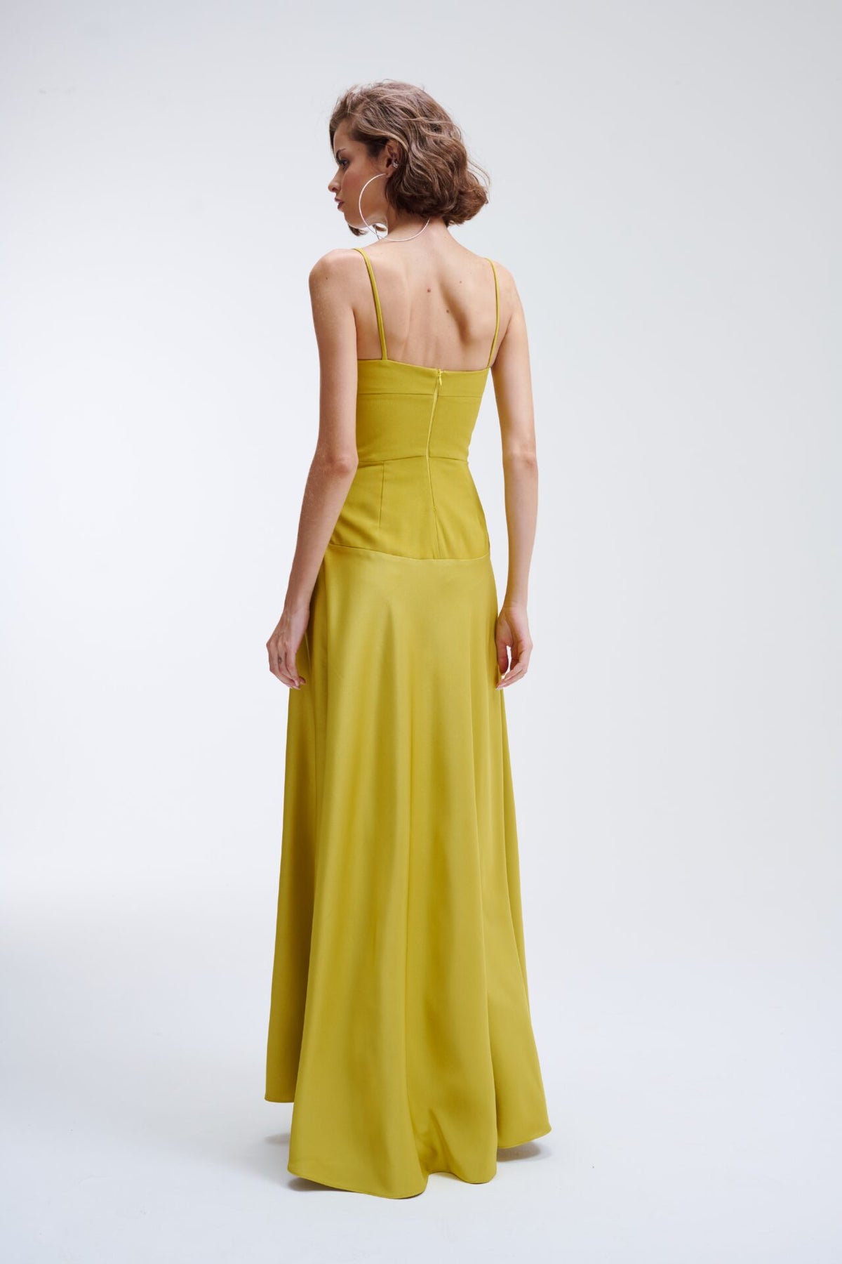 Vestido Longo Com Saia Acetinada e Alças Finas Amália - Limoncello