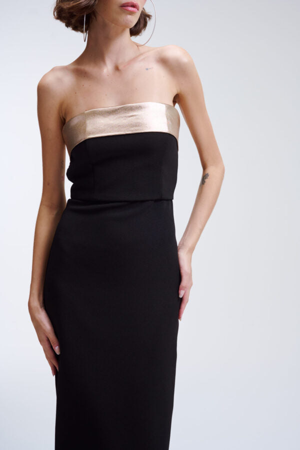 Vestido Longo Sem Alças Com Detalhe Dourado No Busto Eloisa - Preto