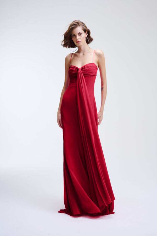 Vestido Longo Fluido Com Decote Drapeado E Faixa Camille - Vinho