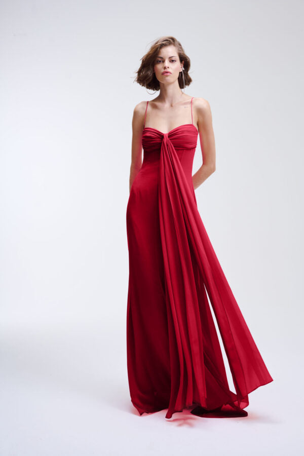 Vestido Longo Fluido Com Decote Drapeado E Faixa Camille - Vinho