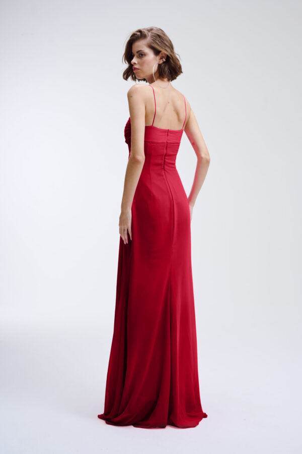 Vestido Longo Fluido Com Decote Drapeado E Faixa Camille - Vinho