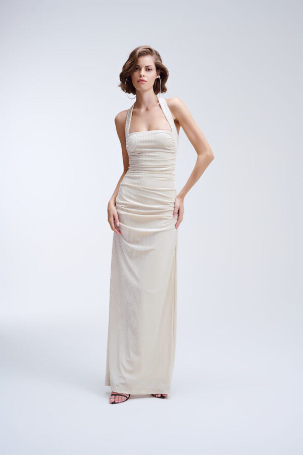 Vestido Longo De Veludo Drapeado Dora - Off White