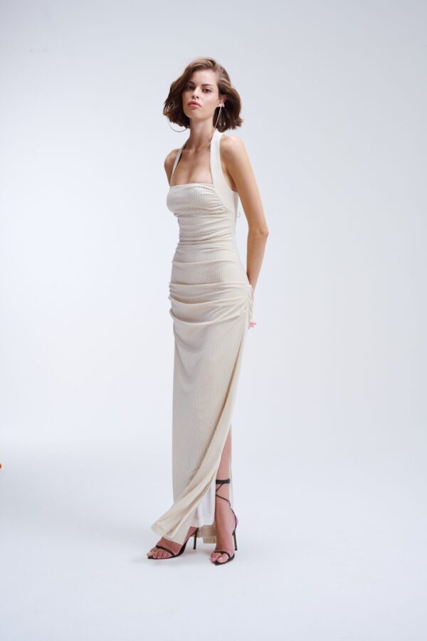 Vestido Longo De Veludo Drapeado Dora - Off White