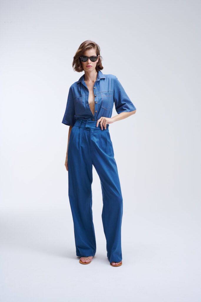Calça Pantalona De Linho Eliza - Azul Jeans