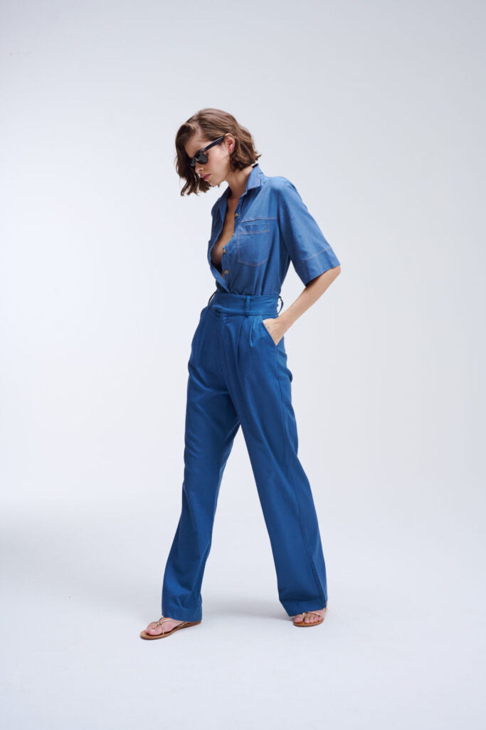 Calça Pantalona De Linho Eliza - Azul Jeans