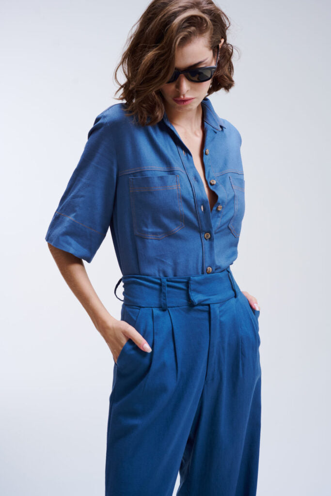 Camisa De Linho Pespontada Lina - Azul Jeans