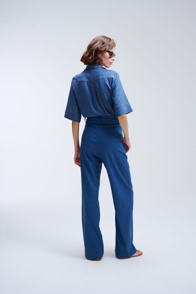 Calça Pantalona De Linho Eliza - Azul Jeans