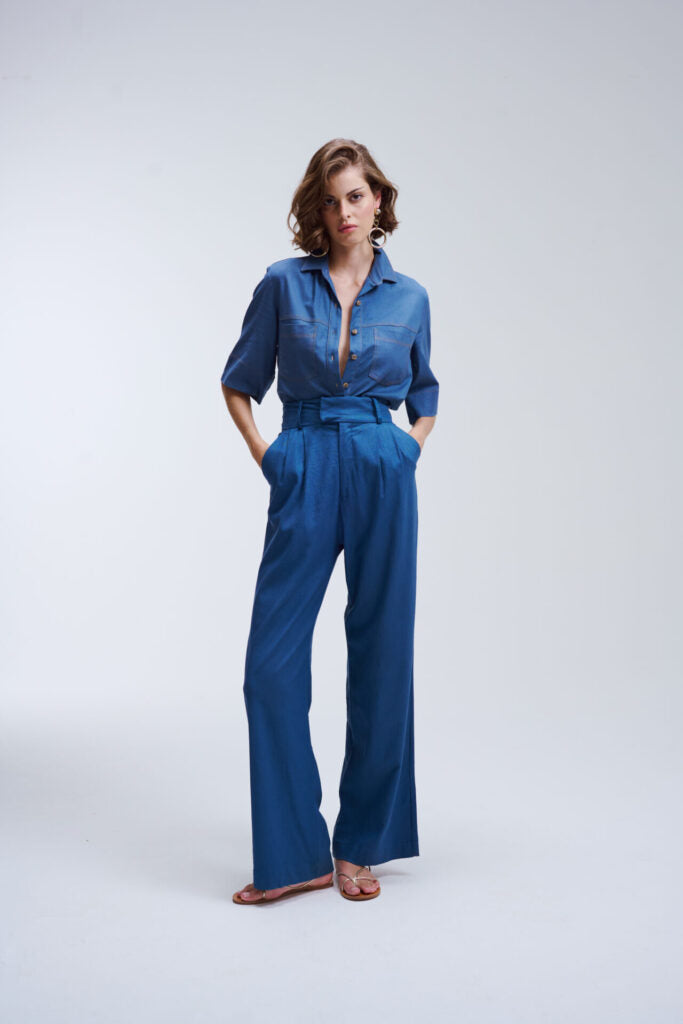Camisa De Linho Pespontada Lina - Azul Jeans