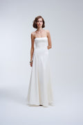 Vestido Longo Com Saia Acetinada e Alças Finas Amália - Off White