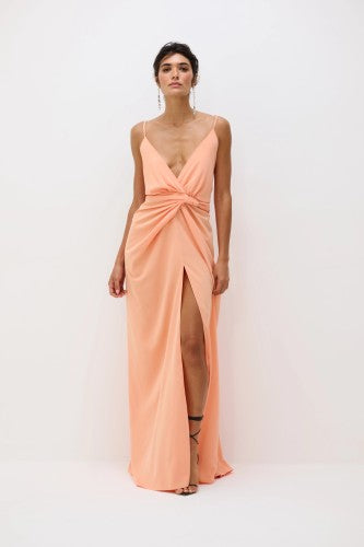 Vestido Drapeado Frente Única Com Fenda Pri - Pêssego