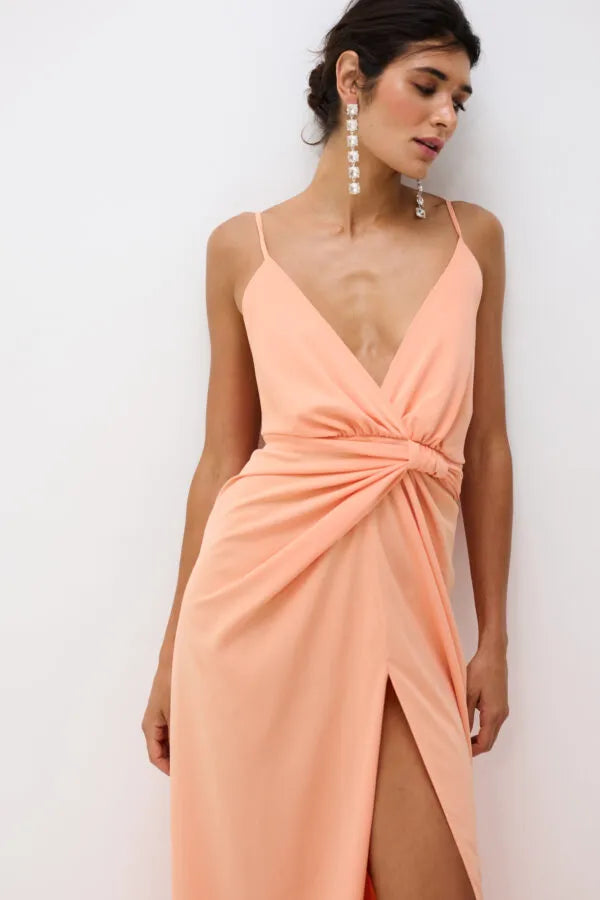 Vestido Drapeado Frente Única Com Fenda Pri - Pêssego