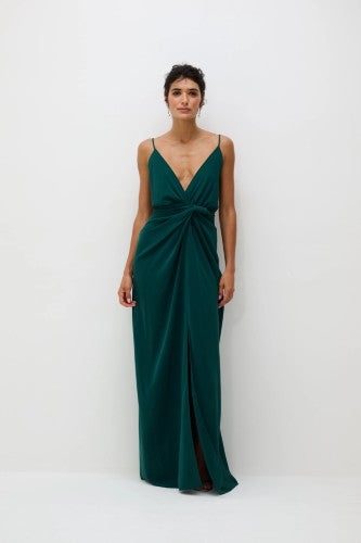Vestido Drapeado Frente Única Com Fenda Pri - Verde Esmeralda