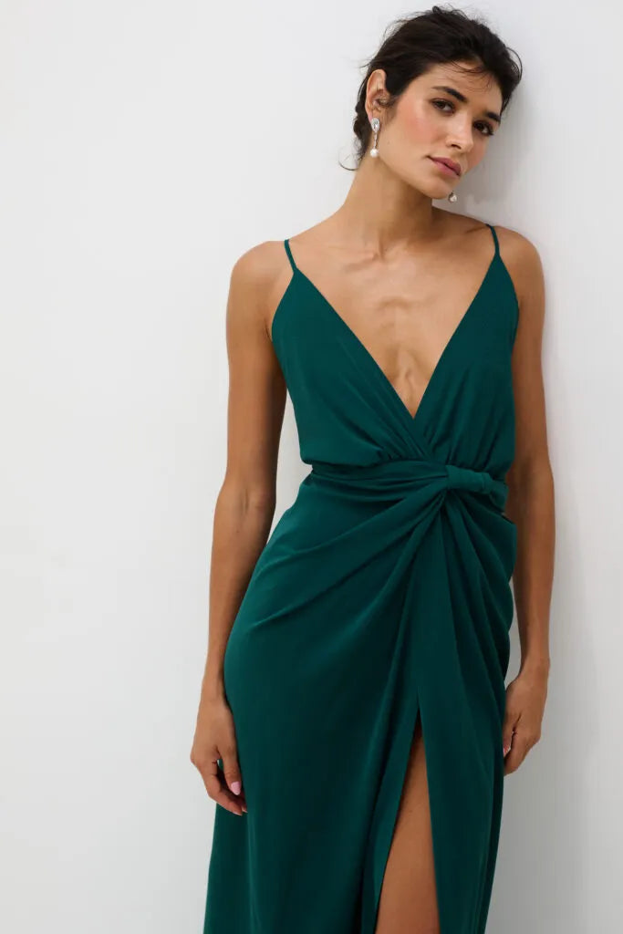 Vestido Drapeado Frente Única Com Fenda Pri - Verde Esmeralda