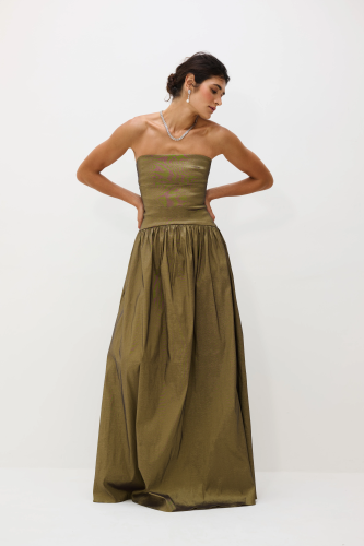 Vestido Longo Tafetá Sem Alças Eugenia - Dourado