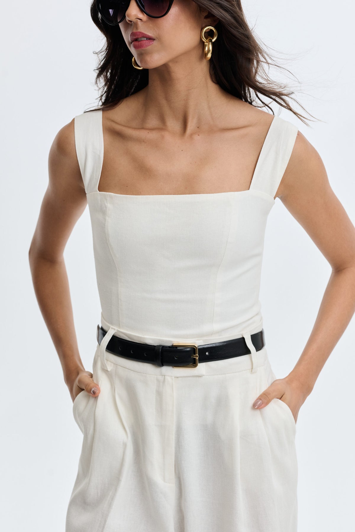Blusa De Linho Decote Quadrado E Alças Largas Marquesa - Off white