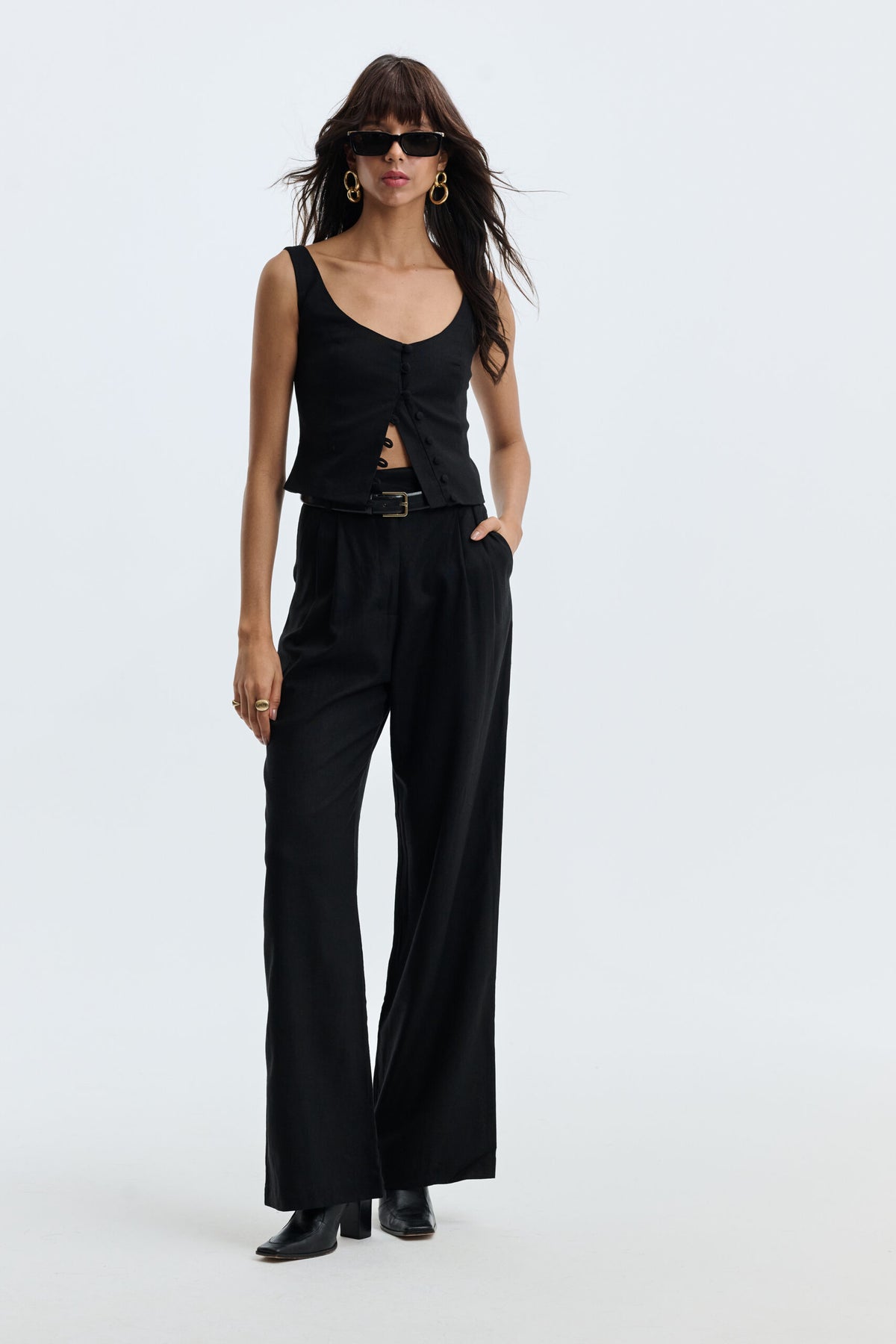 Corset De Linho Com Botões Rita - Preto