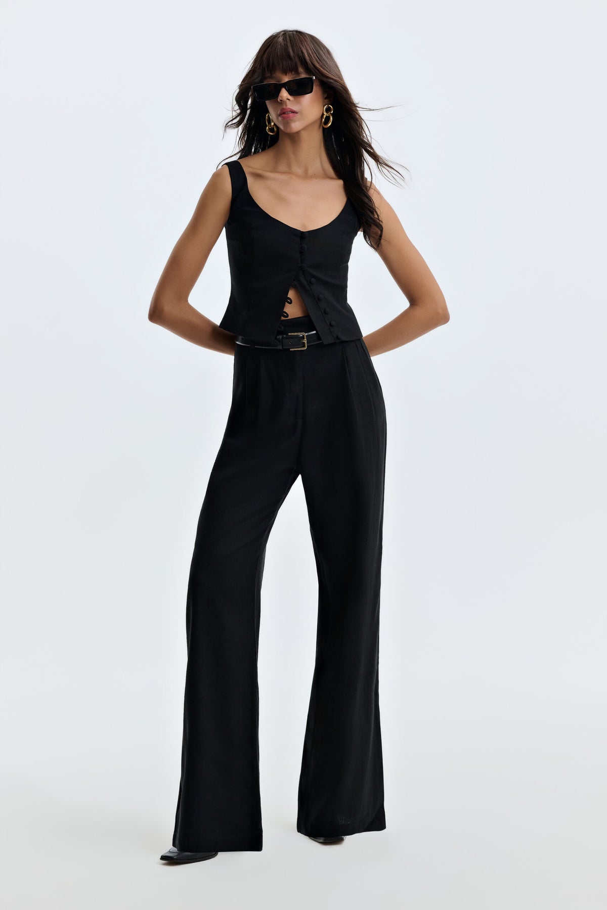 Calça Pantalona De Linho Eliza - Preto