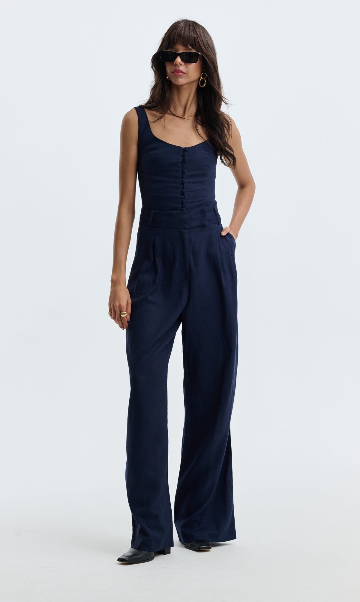 Calça Pantalona De Linho Eliza - Azul Marinho