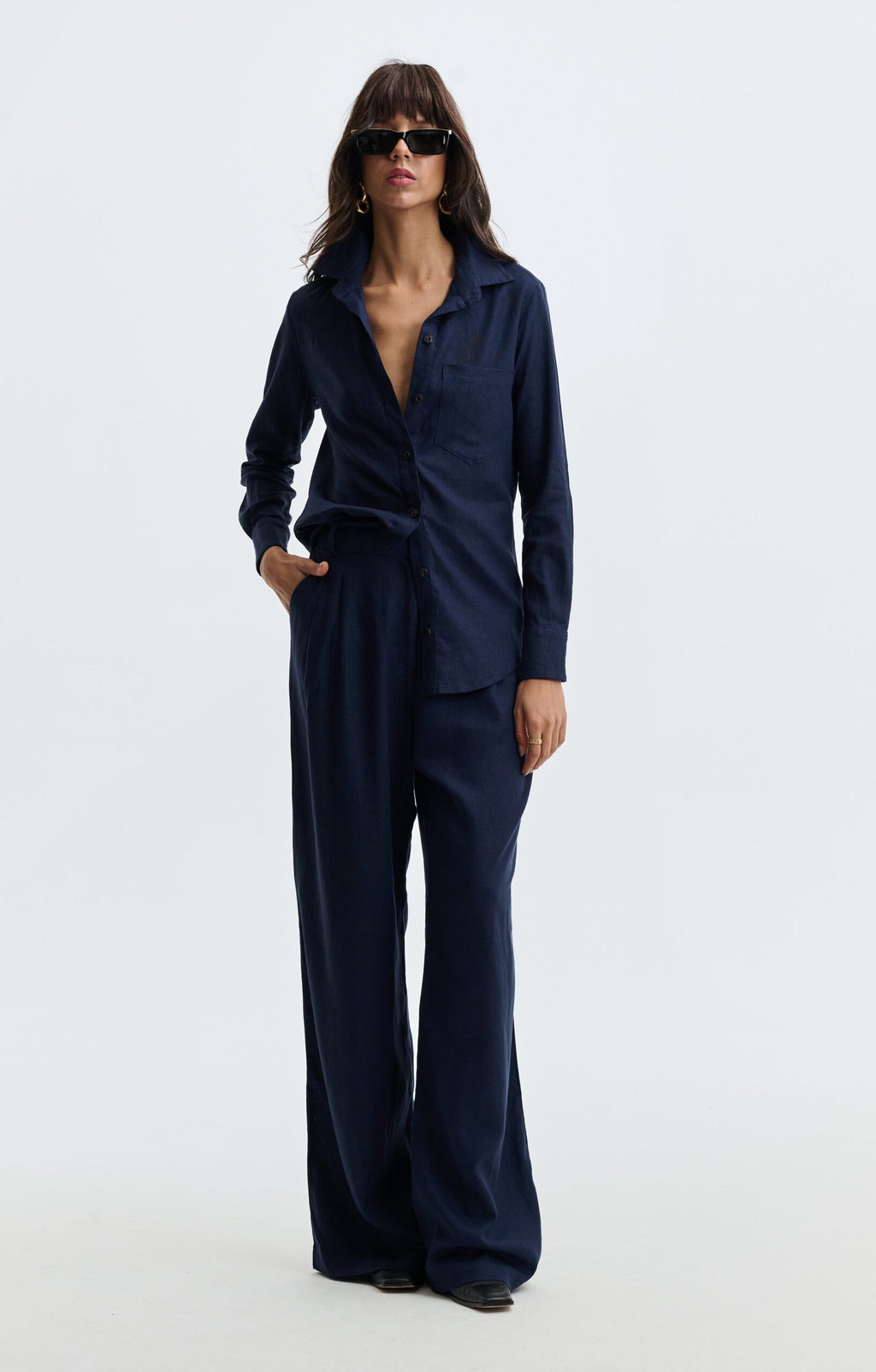 Calça Pantalona De Linho Eliza - Azul Marinho
