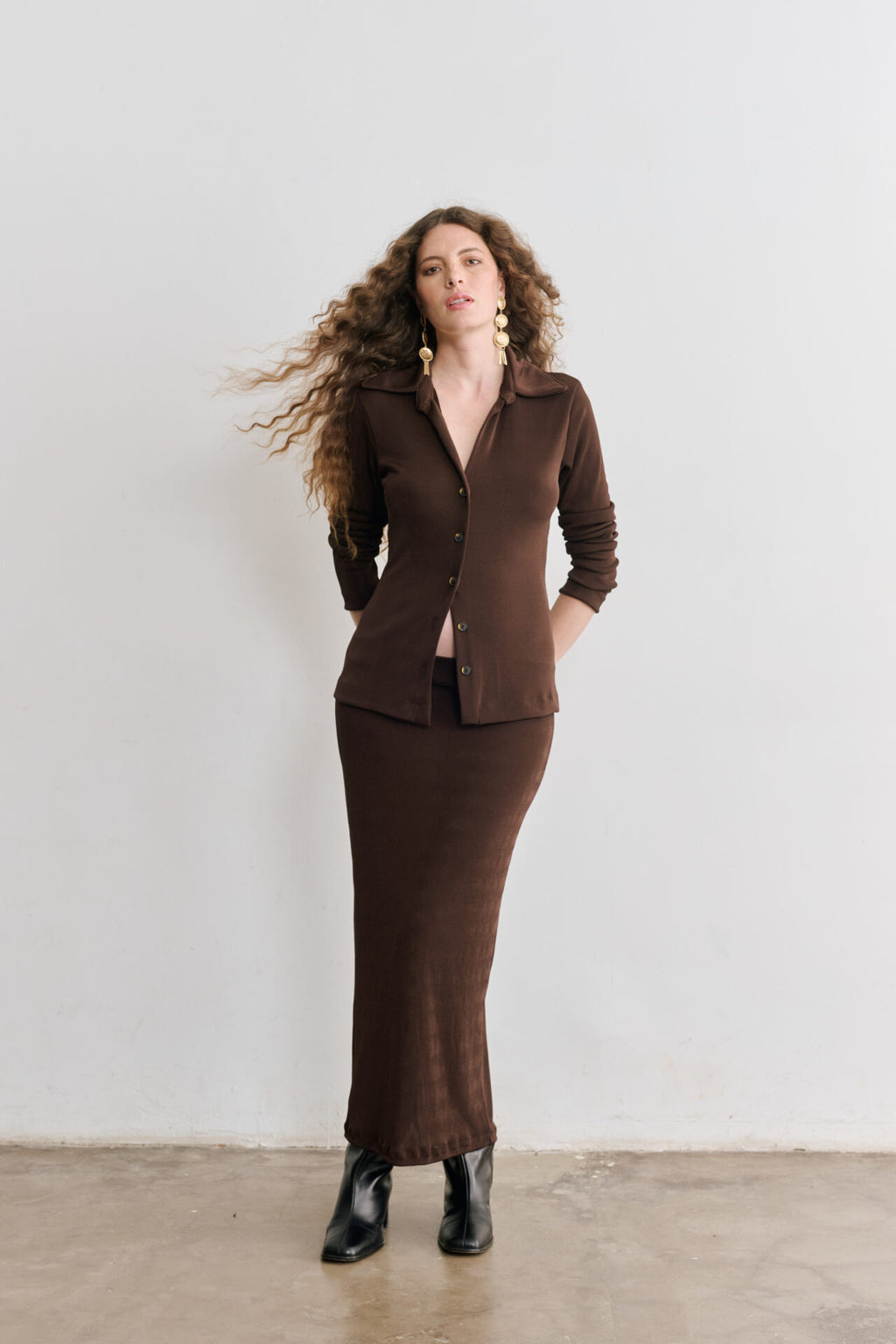 Camisa de Malha Cintilante Com Botões Tartaruga Aline - Marrom